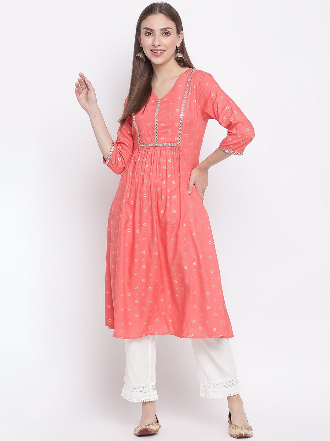 

IMARA Women Coral Printed Mirror Work Anarkali Kurta