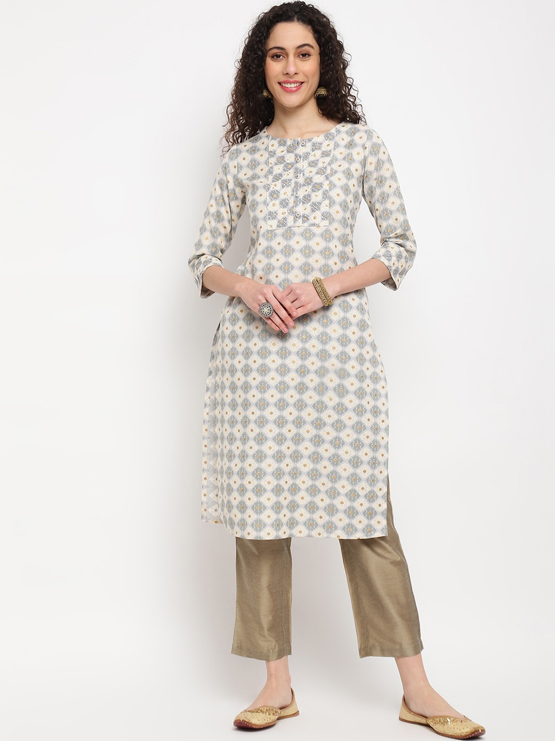 

IMARA Women Grey Geometric Printed Straight Kurta