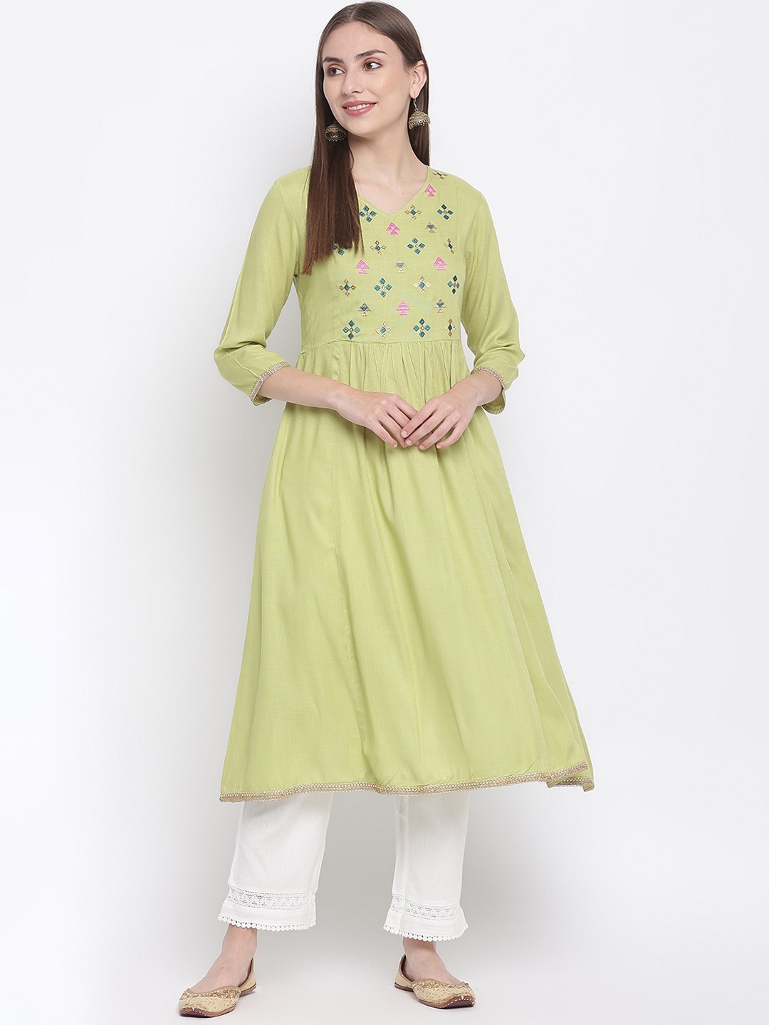 

IMARA Women Green Floral Embroidered Thread Work Anarkali Kurta