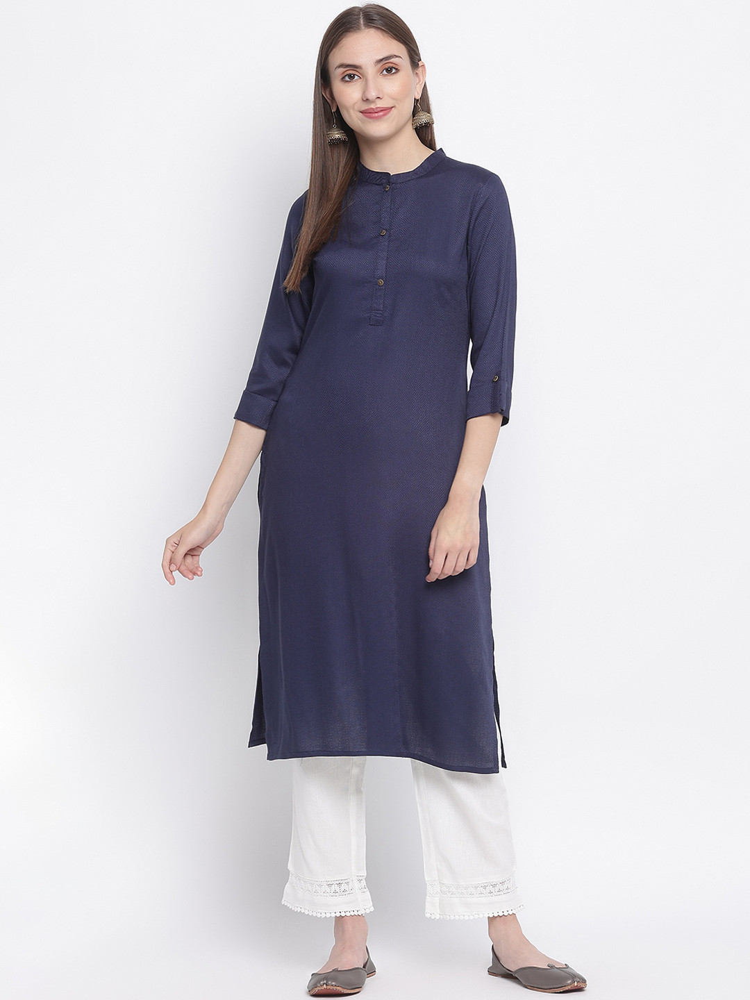 

IMARA Women Navy Blue Solid Straight Kurta