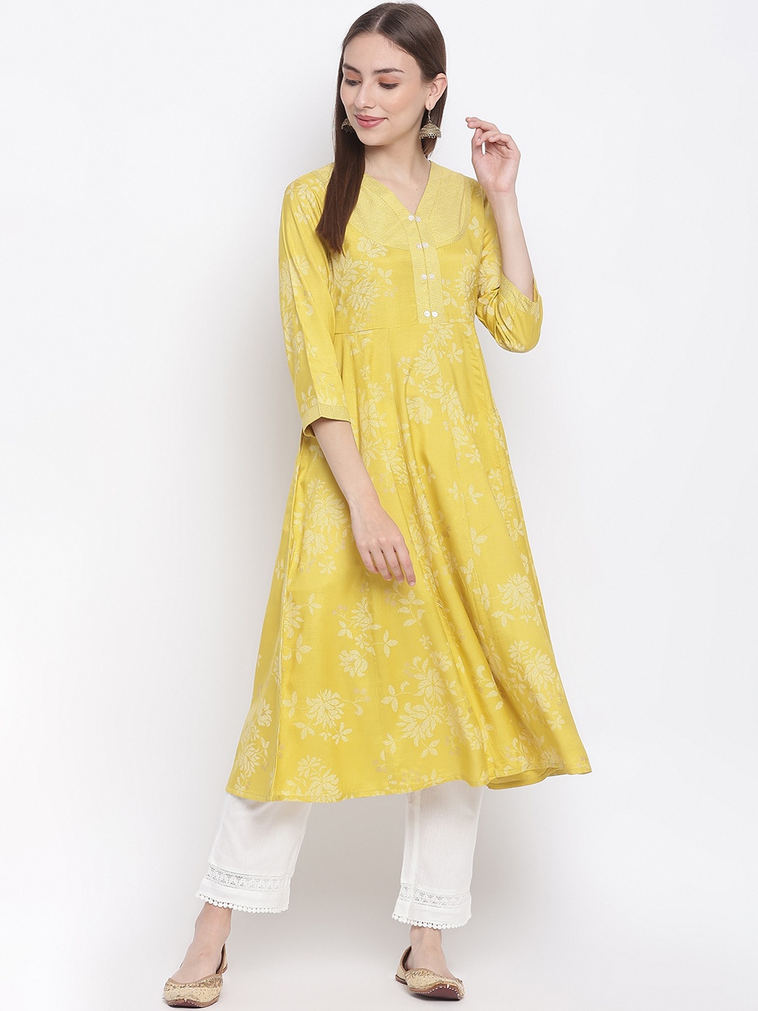 

IMARA Women Mustard Yellow Floral Printed Anarkali Kurta