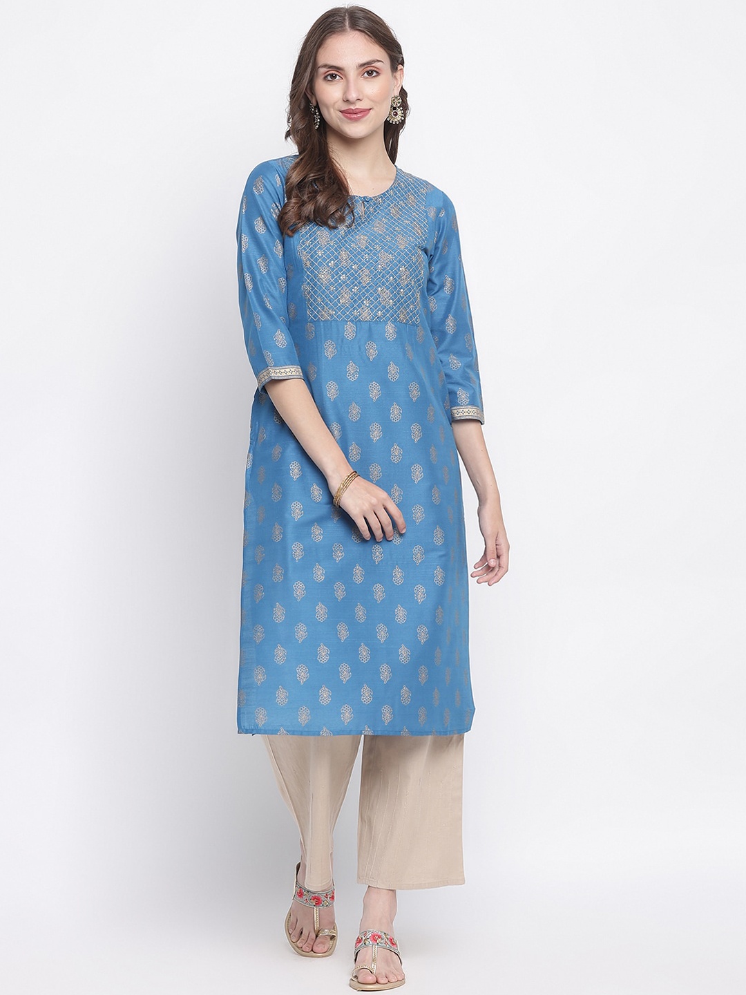

IMARA Women Teal Embellished Printed Keyhole Neck Straight Kurta