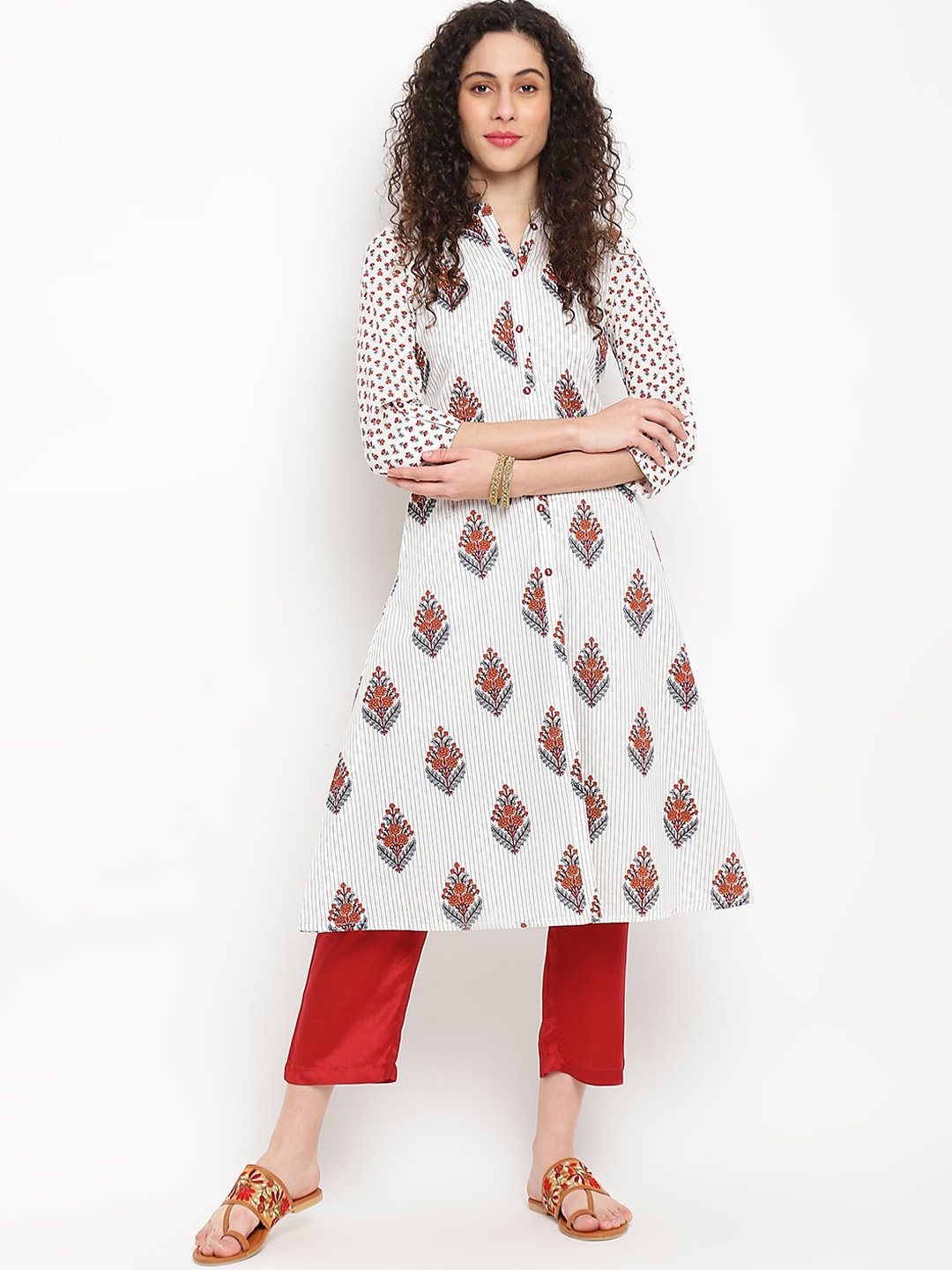 

IMARA Women White & Red Ethnic Motifs Printed Kurta