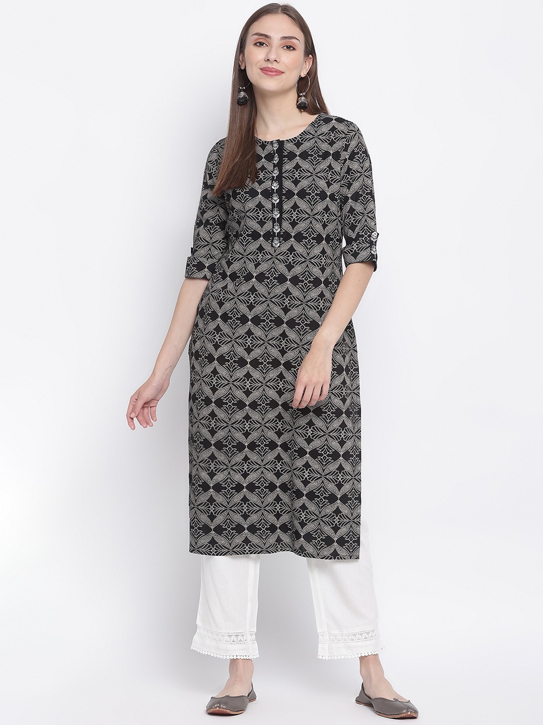 

IMARA Women Black Geometric Printed Straight Kurta