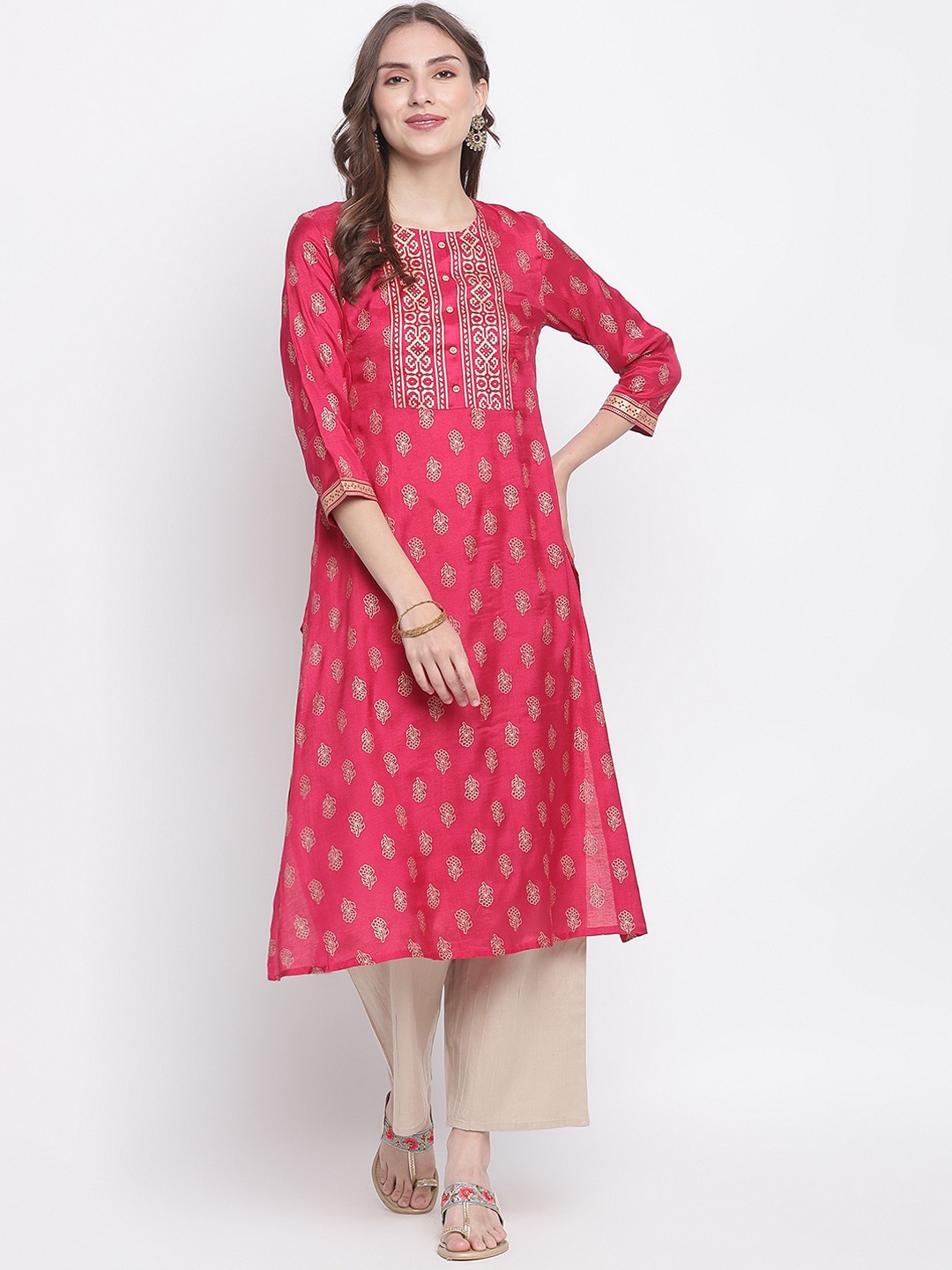

IMARA Women Fuchsia & Gold-Toned Ethnic Motifs Printed Straight Kurta