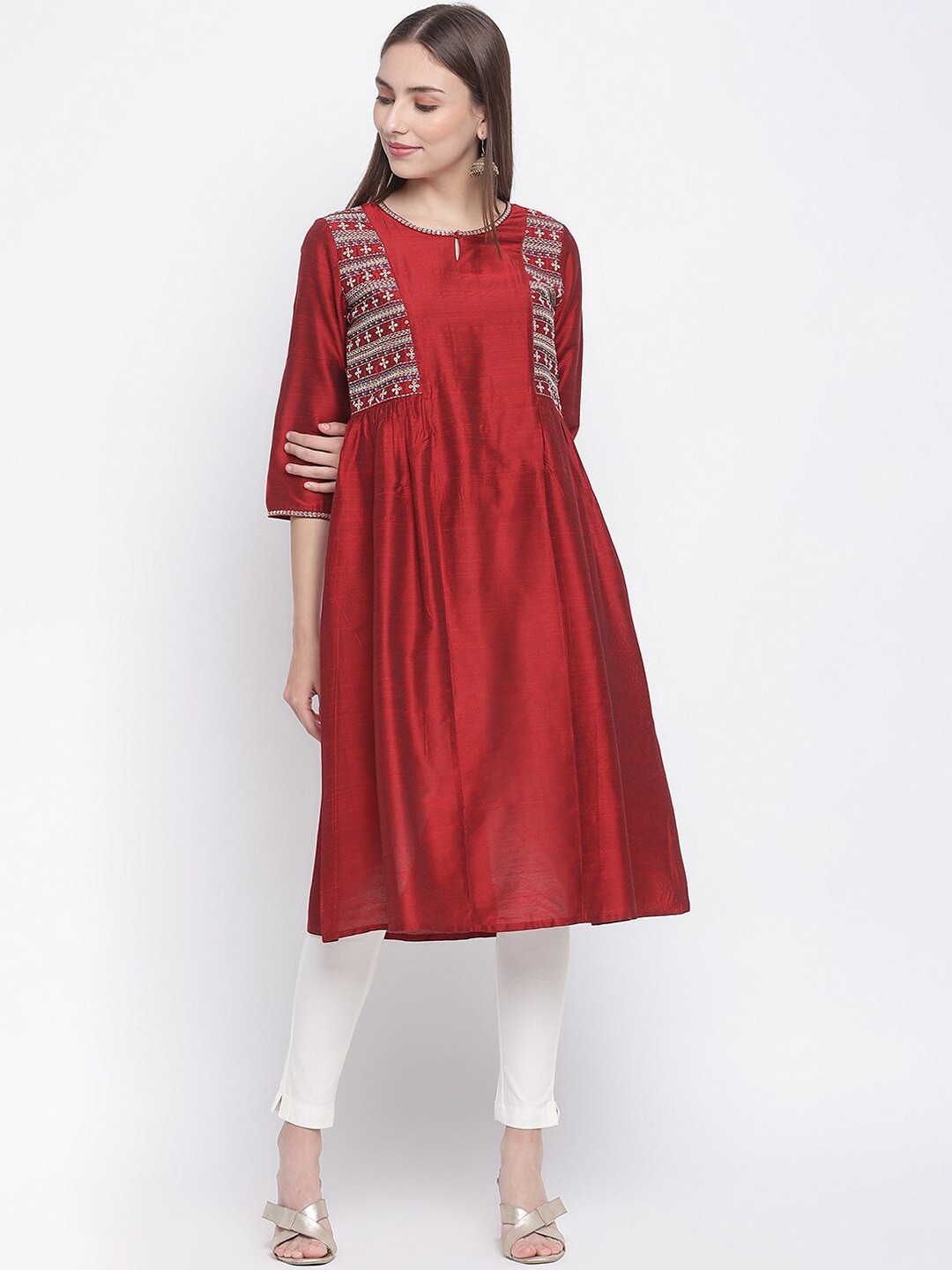 

IMARA Women Maroon Embroidered Keyhole Neck Thread Work A-Line Kurta