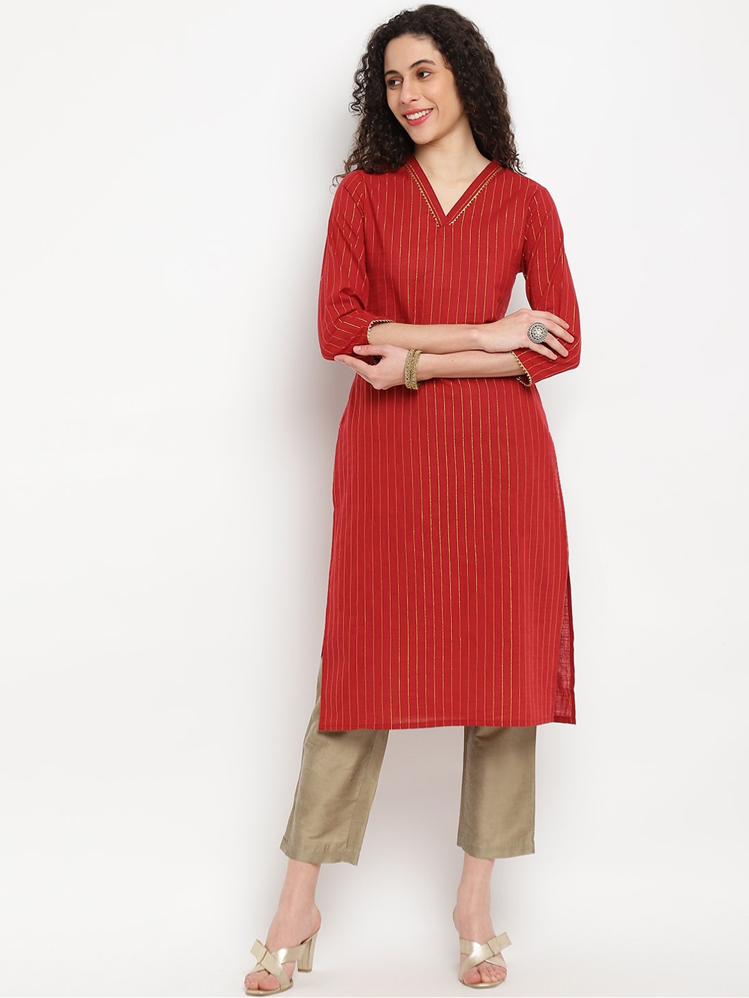 

IMARA Women Maroon & Golden Striped Kurta
