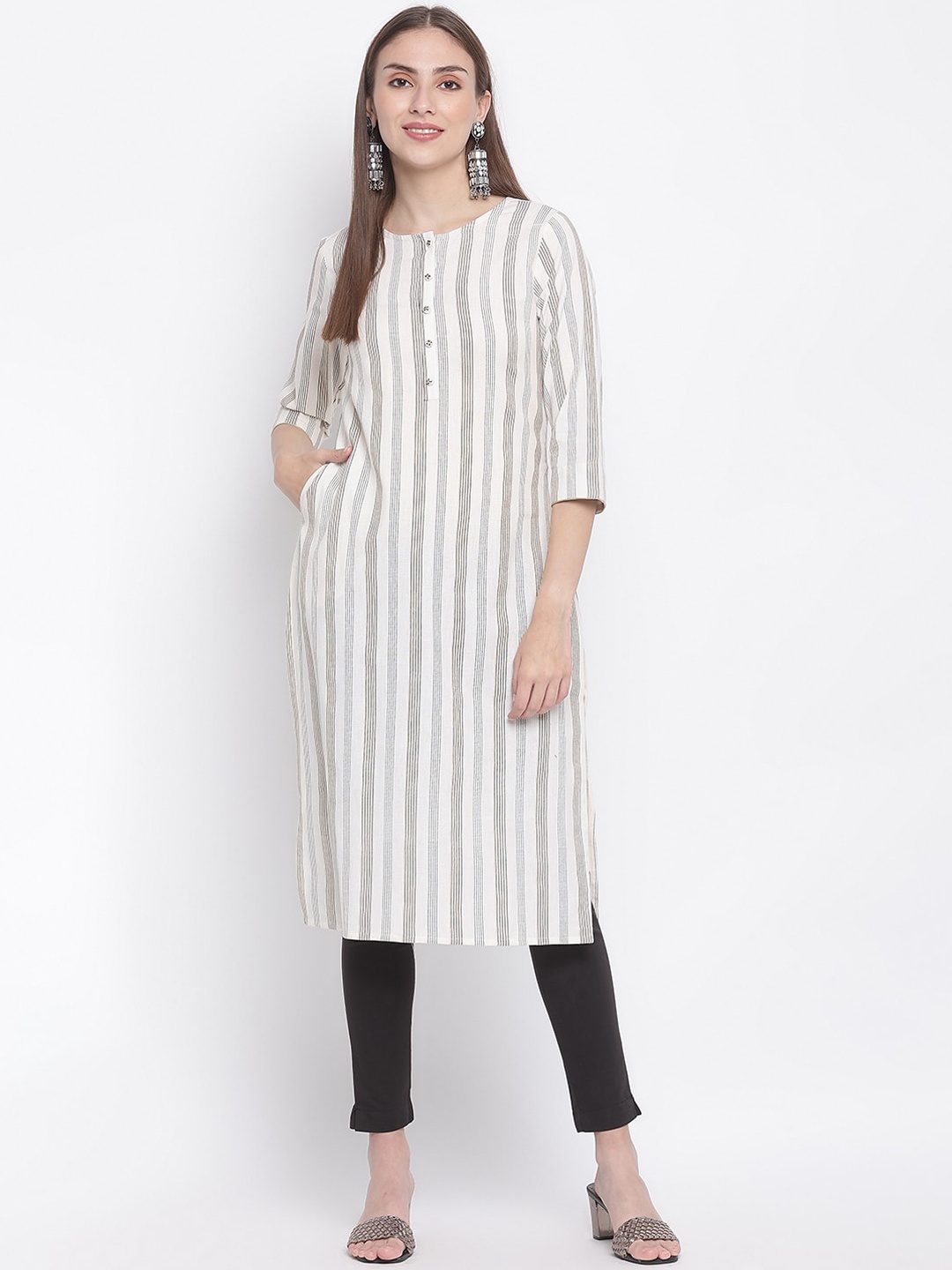 

IMARA Women Off White Striped Straight Kurta