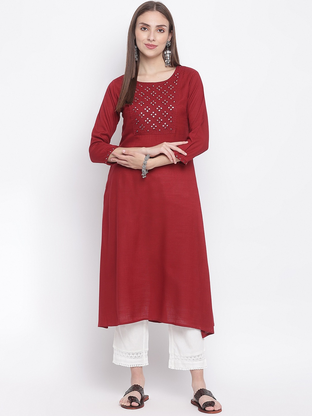 

IMARA Women Maroon Embroidered Mirror Work Straight Kurta