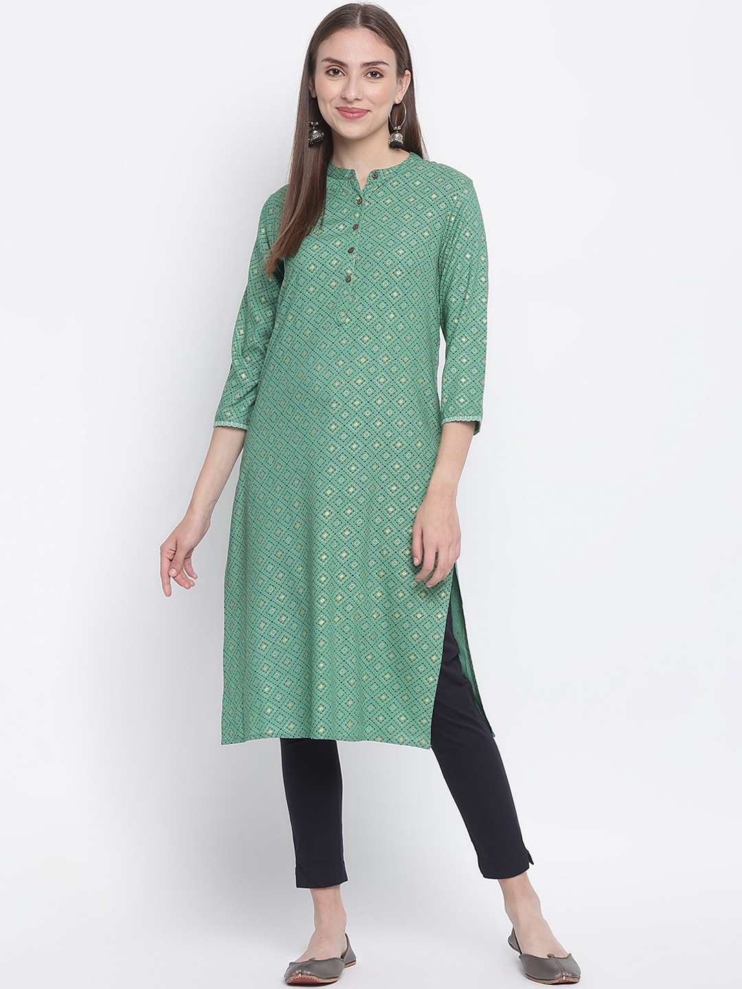 

IMARA Women Sea Green & Golden Geometric Printed Kurta