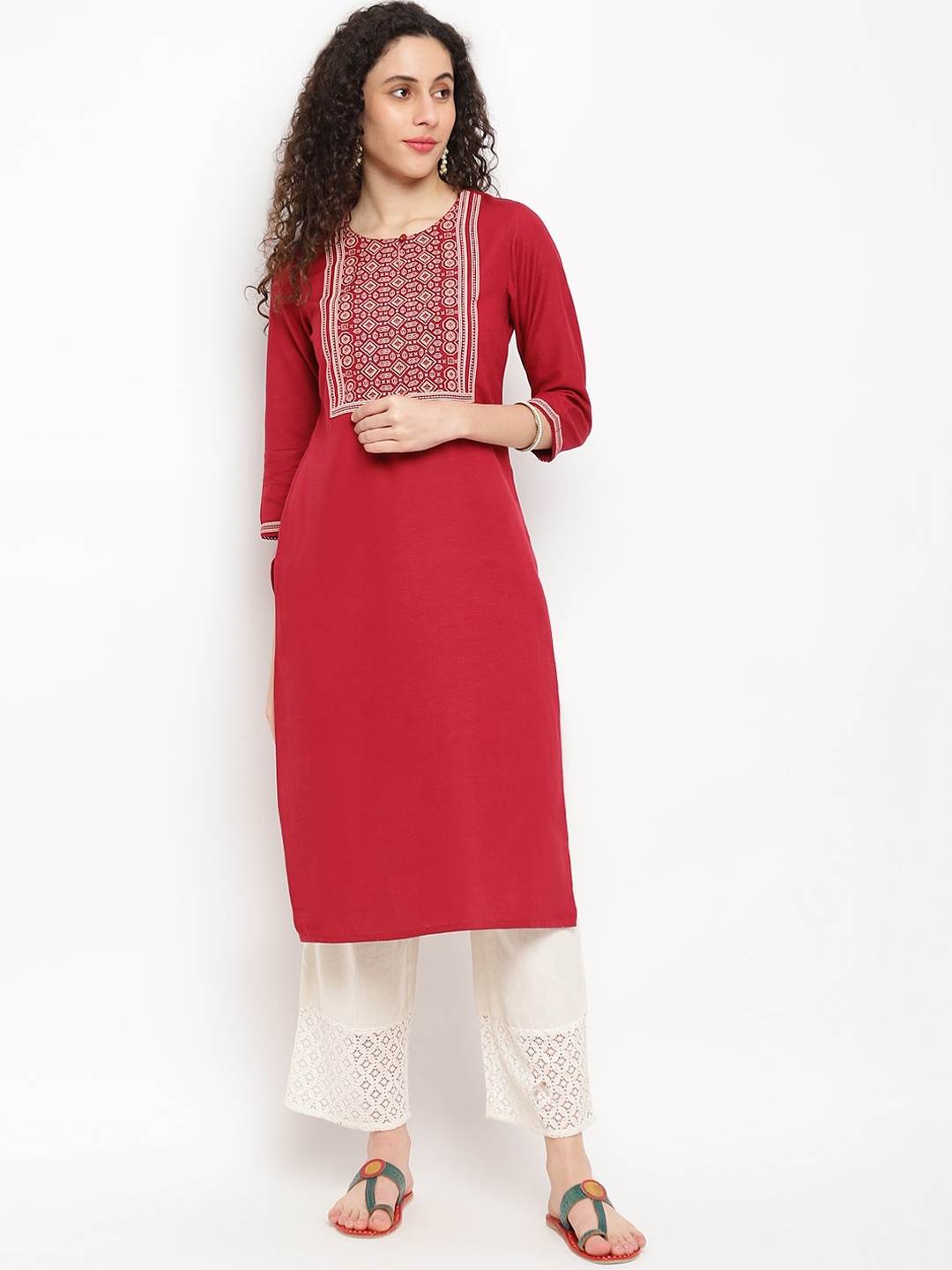 

IMARA Women Maroon & Beige Ethnic Motifs Yoke Design Kurta