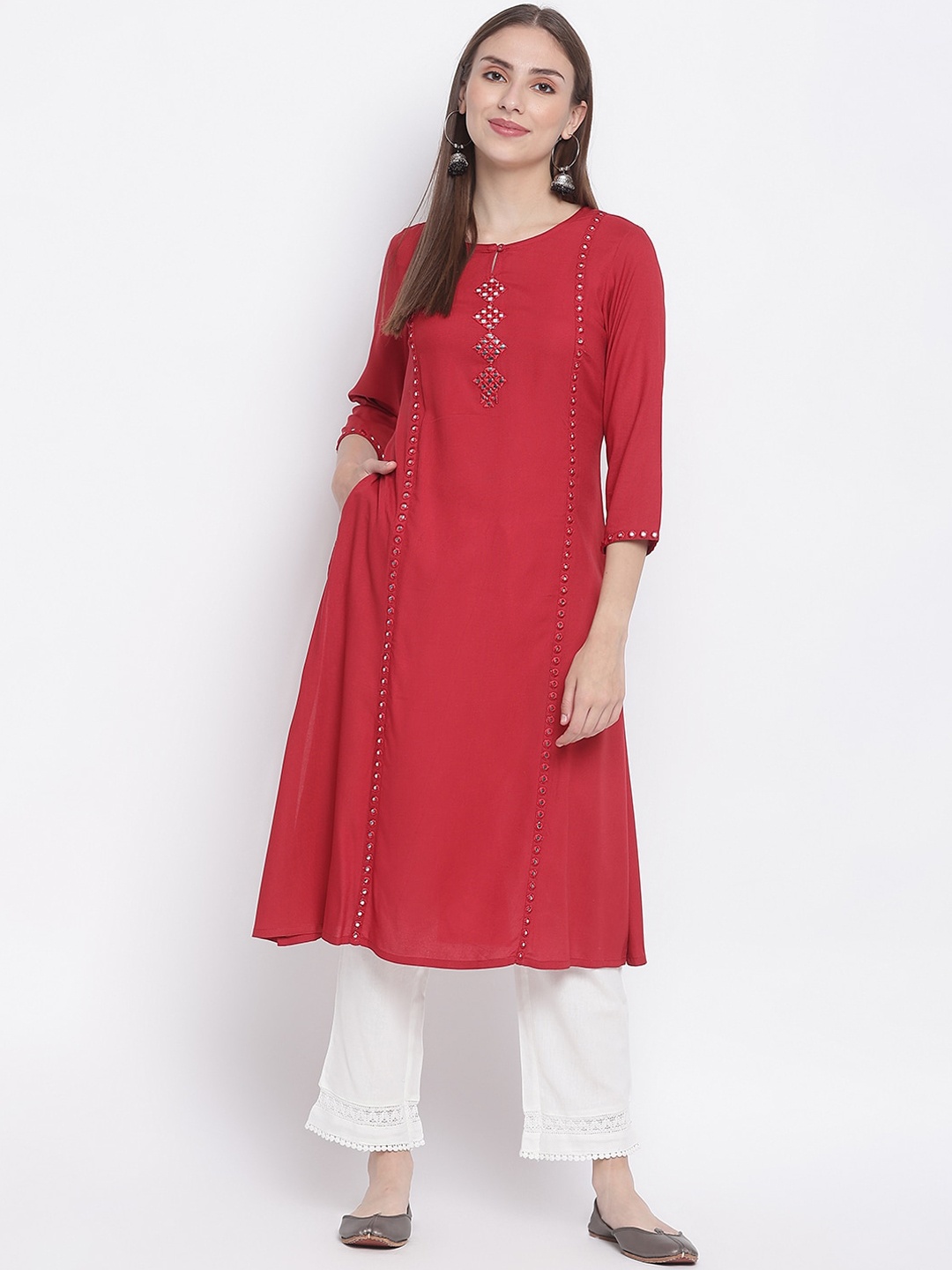 

IMARA Women Maroon Embroidered Keyhole Neck Mirror Work Straight Kurta