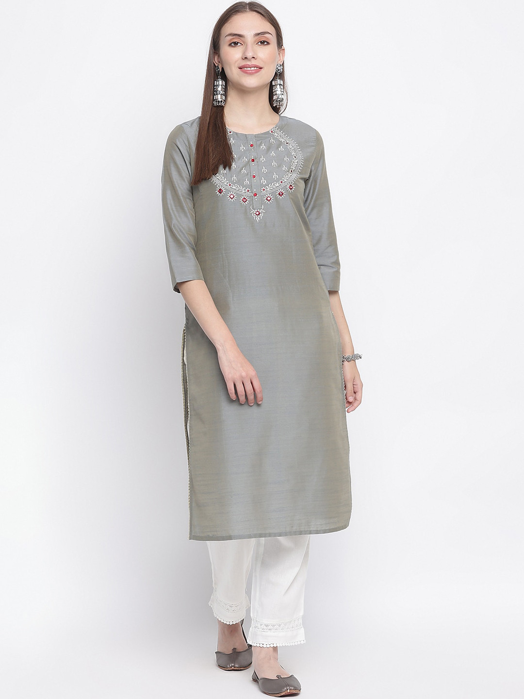 

IMARA Women Grey & Silver-Toned Embroidered Mirror Work Straight Kurta