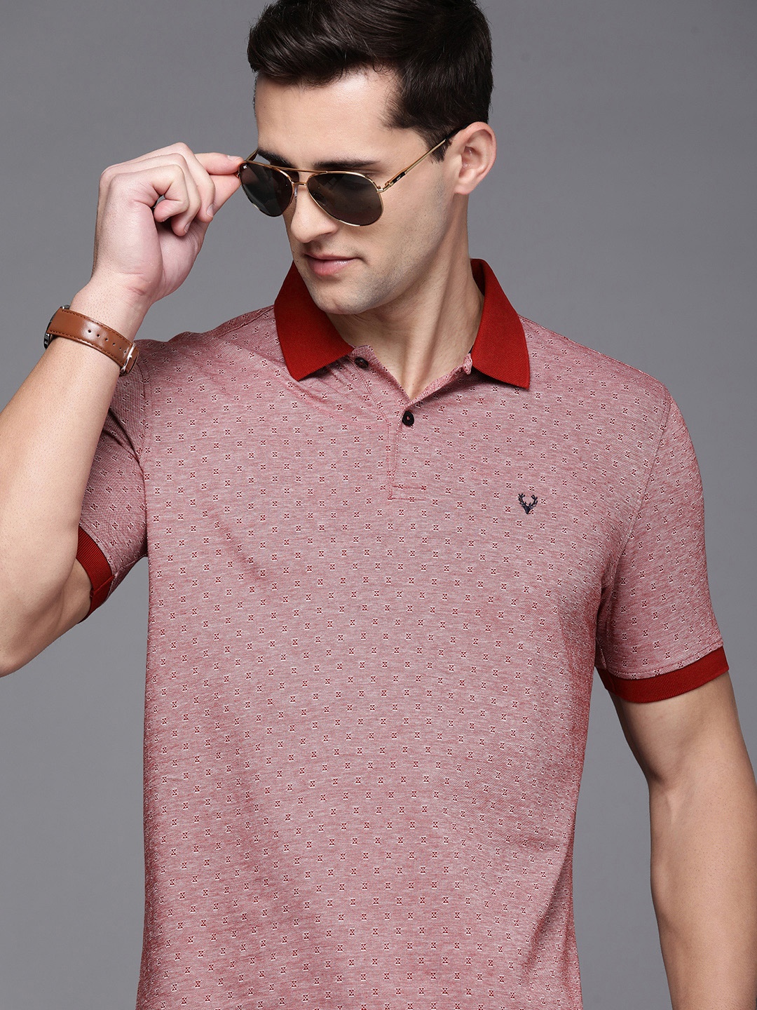 

Allen Solly Men Red Self-Design Pure Cotton Polo Collar T-shirt