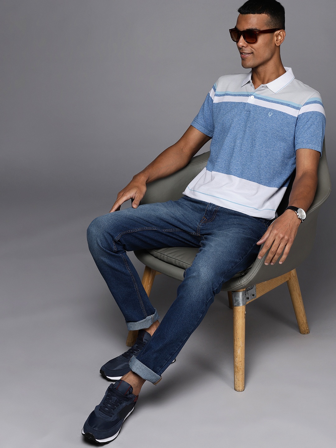

Allen Solly Men White & Blue Pure Cotton Striped Polo Collar T-shirt