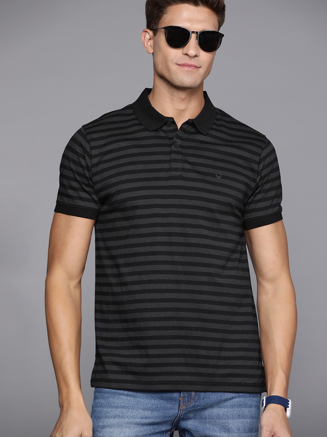 

Allen Solly Men Black & Grey Striped Polo Collar Pure Cotton T-shirt