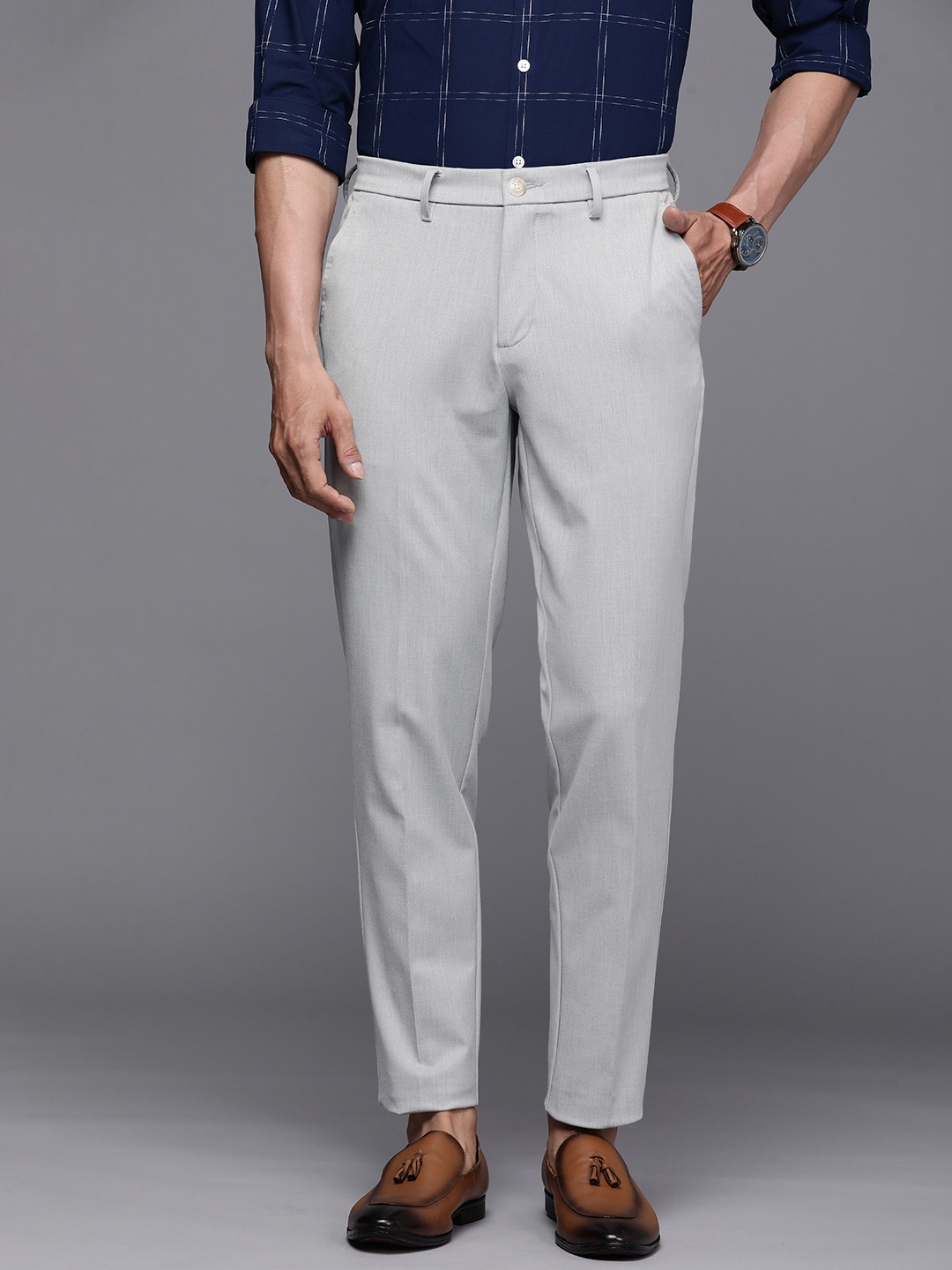 

Allen Solly Men Grey Textured Pleated Semiformal Trousers