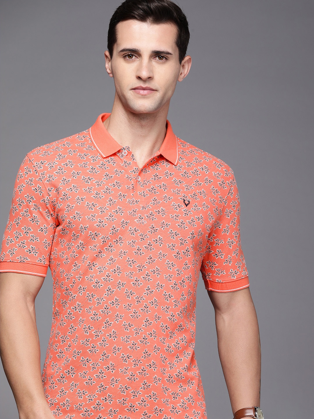 

Allen Solly Men Coral Pink Floral Printed Pure Cotton Polo Collar T-shirt
