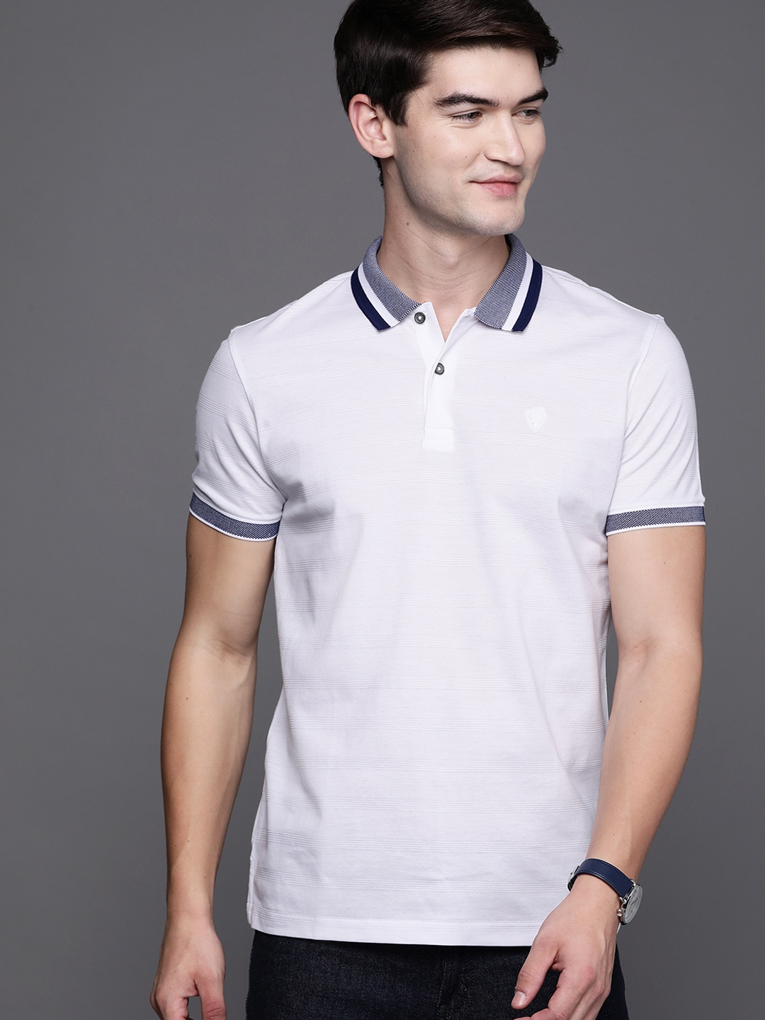 

Allen Solly Men White Pure Cotton Self-Design Polo Collar T-shirt