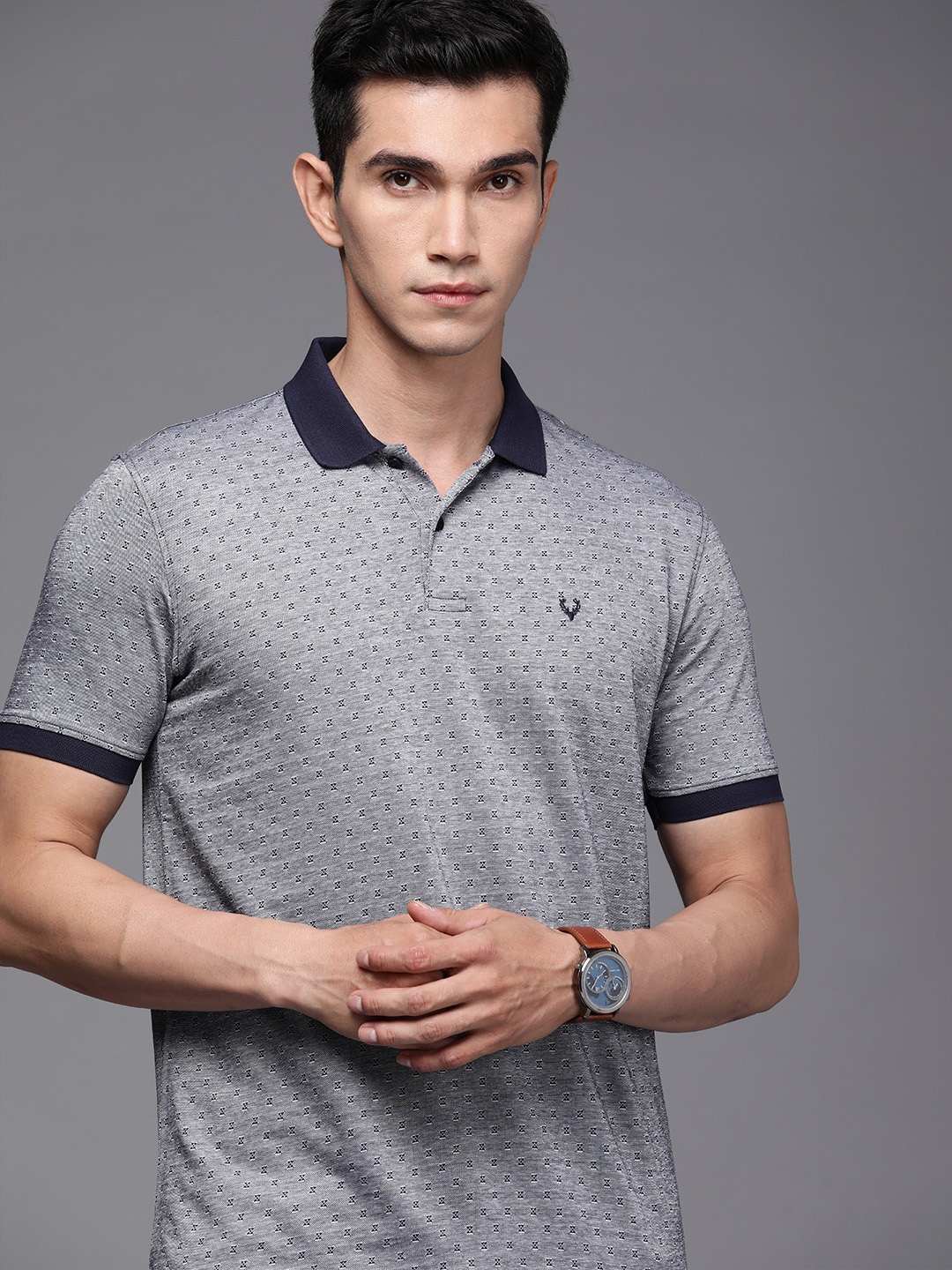 

Allen Solly Men Navy Blue Self-Design Pure Cotton Polo Collar T-shirt