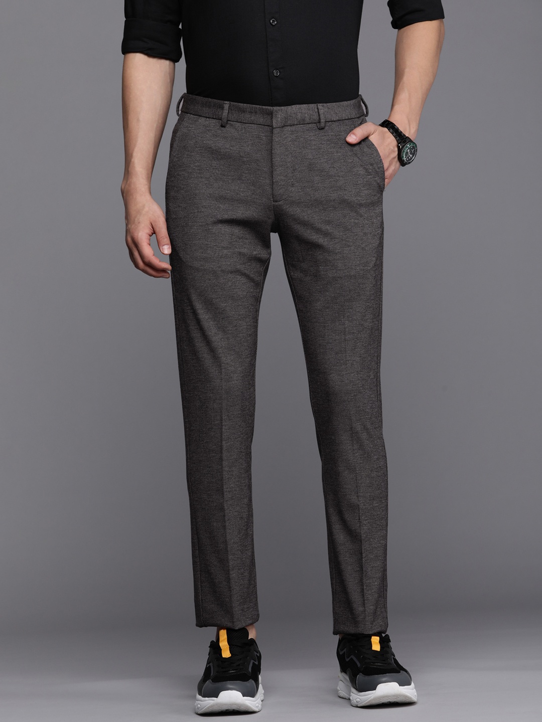 

Allen Solly Men Grey Self-Design Slim Fit Regular Trousers