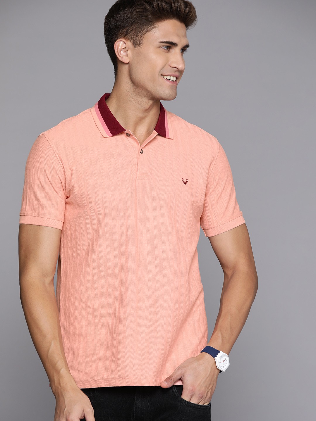 

Allen Solly Men Peach-Coloured Self-Striped Polo Collar Pure Cotton T-shirt