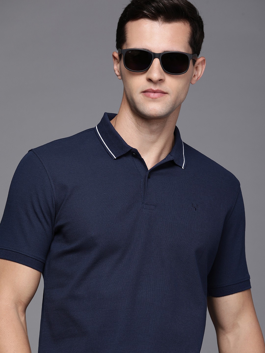 

Allen Solly Men Navy Blue Self-Design Pure Cotton Polo Collar T-shirt