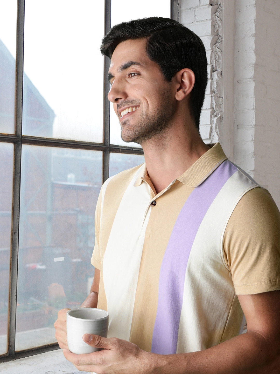 

Allen Solly Men Beige & Purple Striped Polo Collar Pure Cotton T-shirt