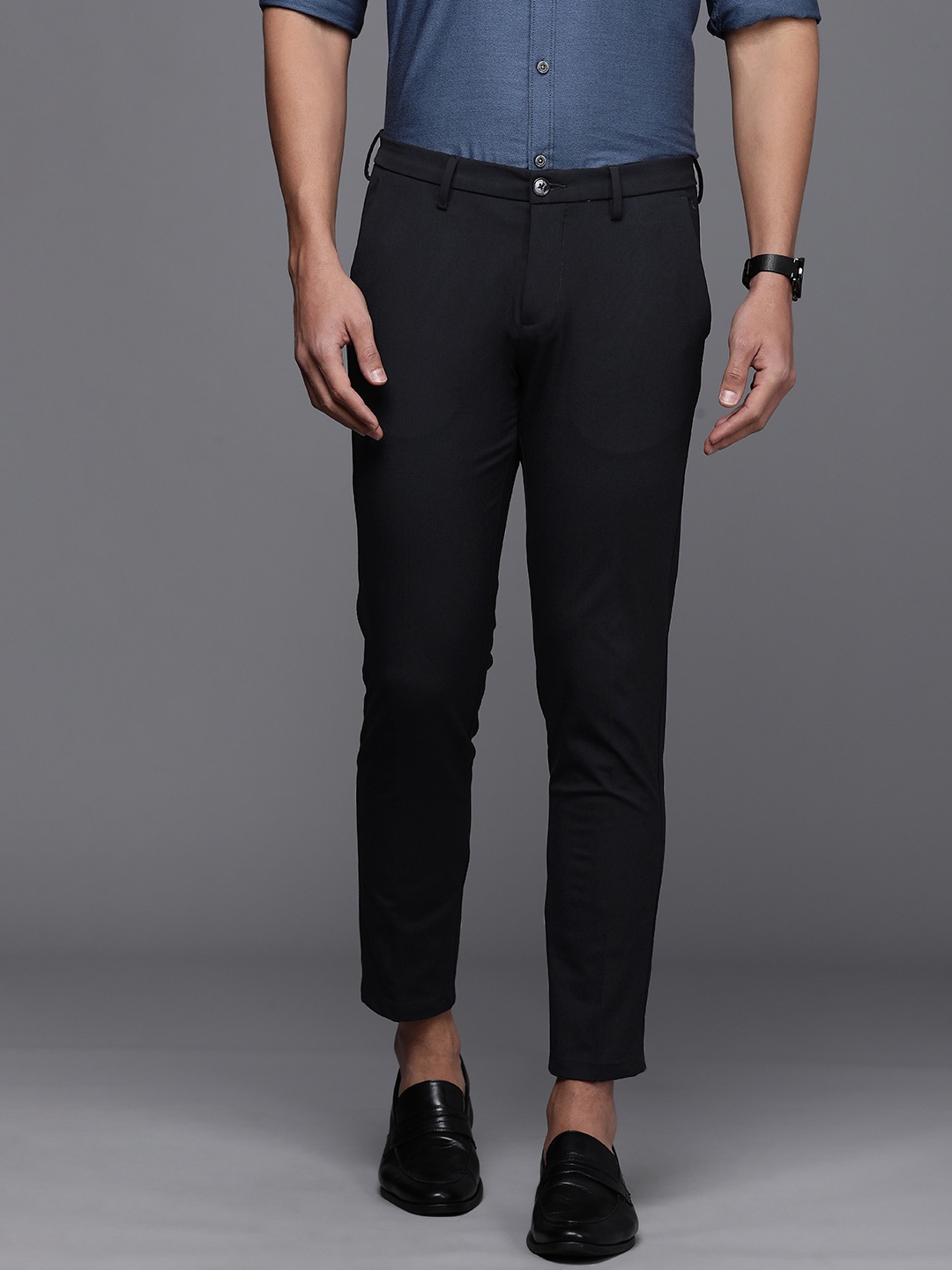 

Allen Solly Men Navy Blue Solid Mid Rise Slim Fit Formal Trousers