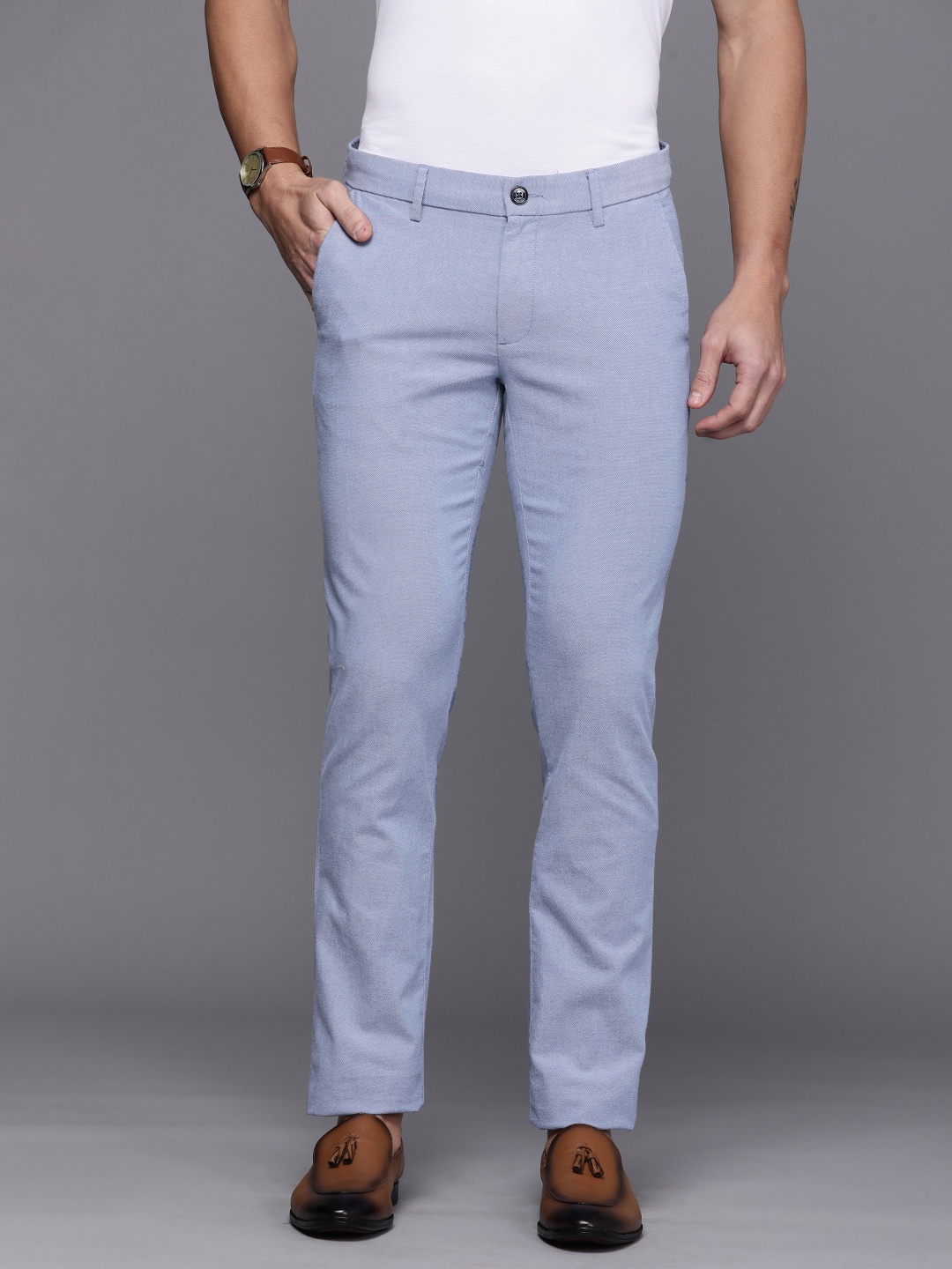 

Allen Solly Men Blue Self Design Slim Fit Mid-Rise Regular Trousers
