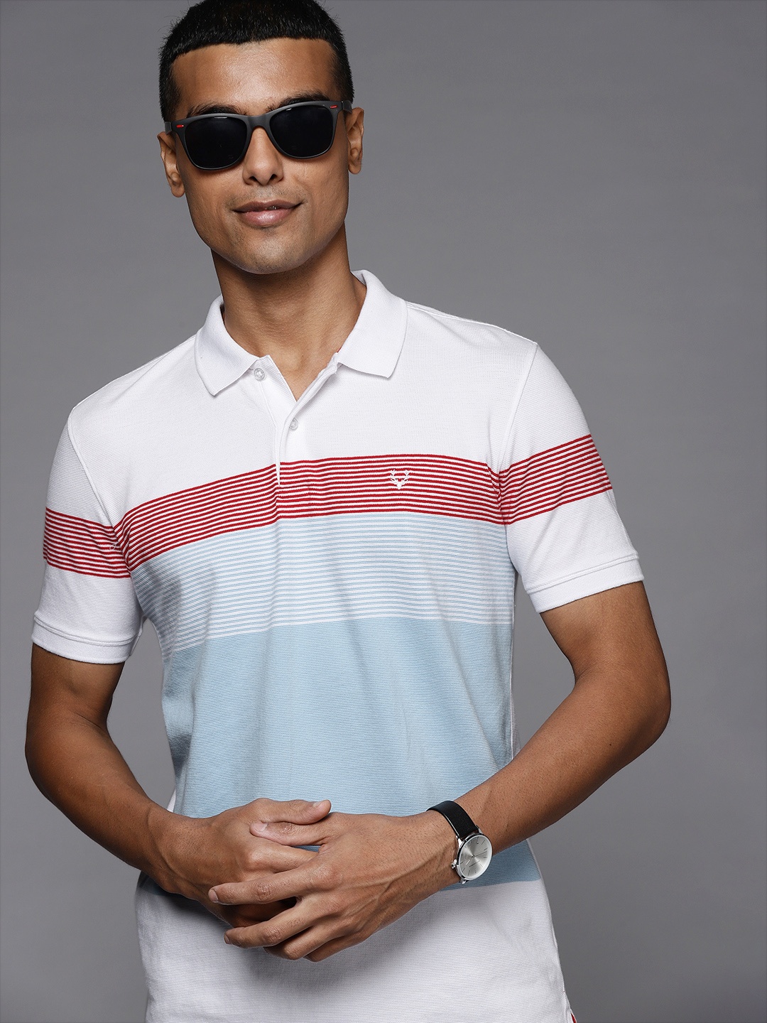 

Allen Solly Men White & Blue Colorblocked Polo Collar T-shirt