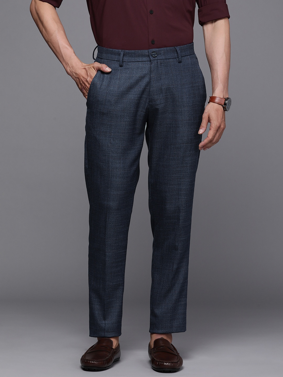 

Allen Solly Men Navy Blue Checked Slim Fit Regular Trousers