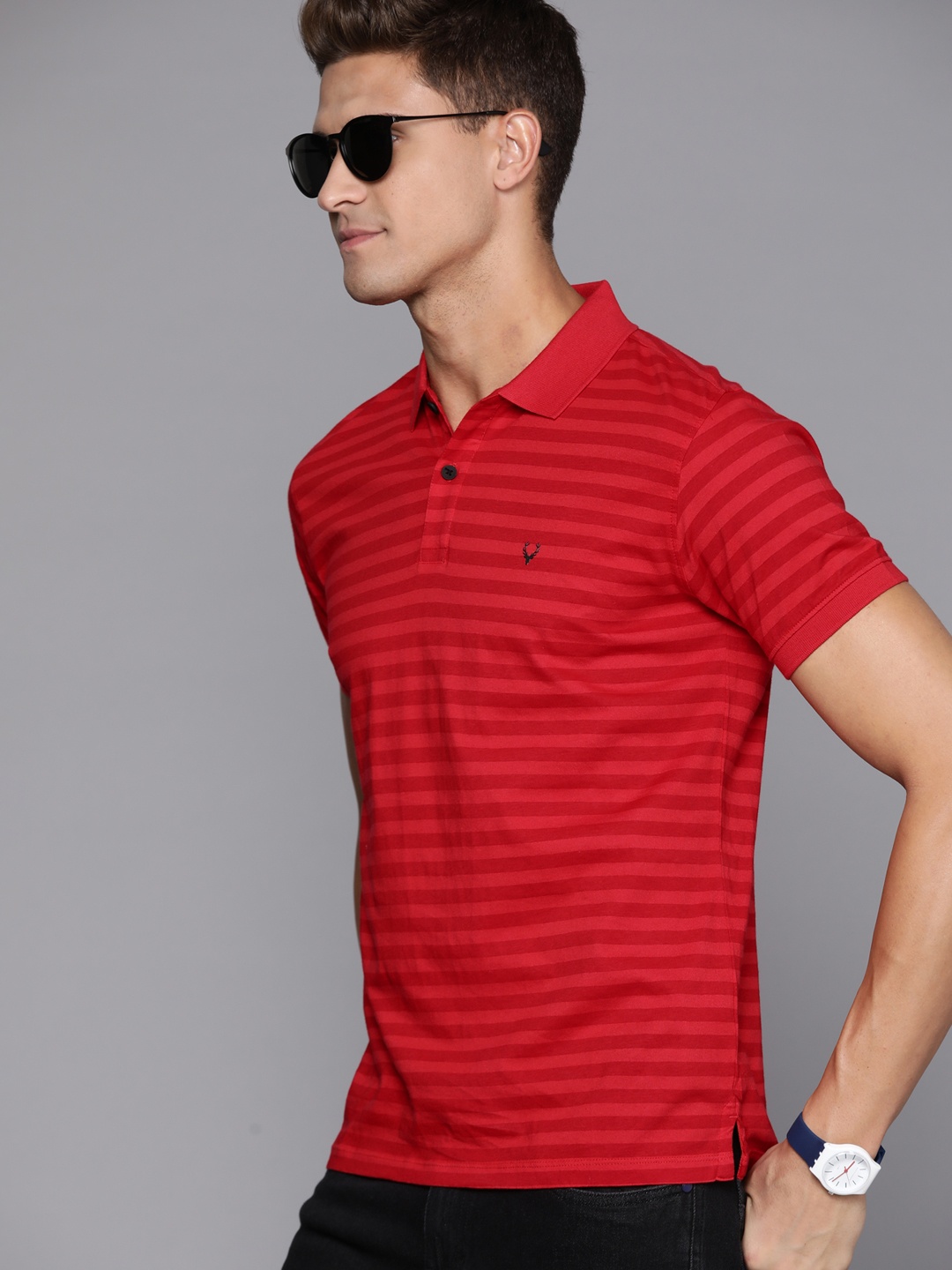 

Allen Solly Men Red Striped Polo Collar Pure Cotton T-shirt