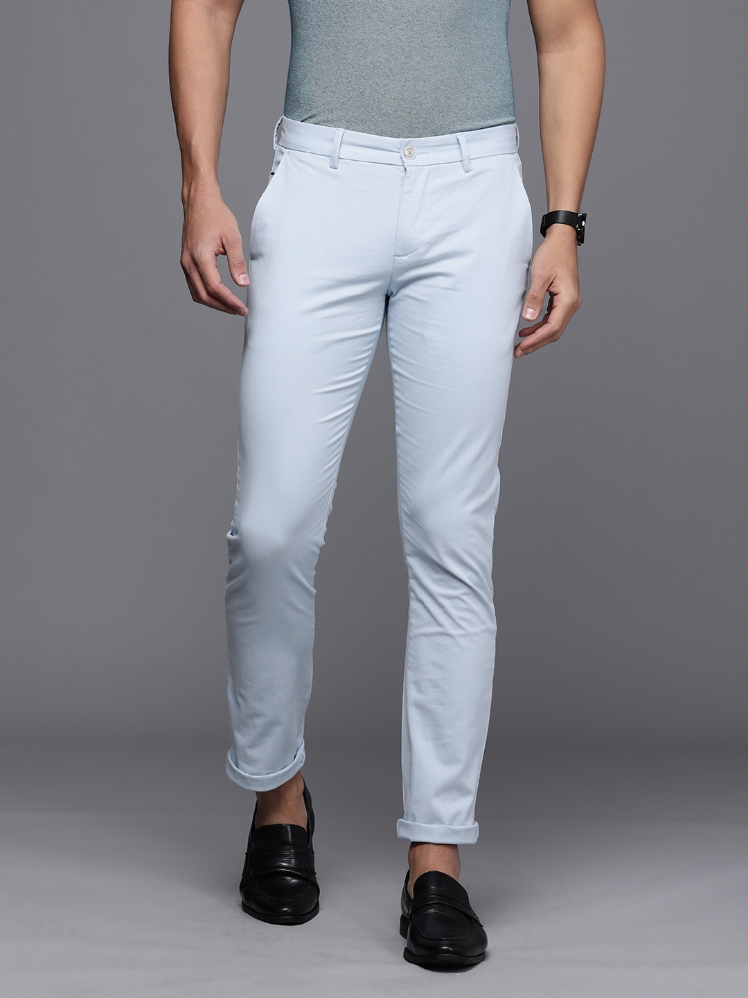 

Allen Solly Men Light Blue Solid Mid Rise Slim Fit Formal Trousers