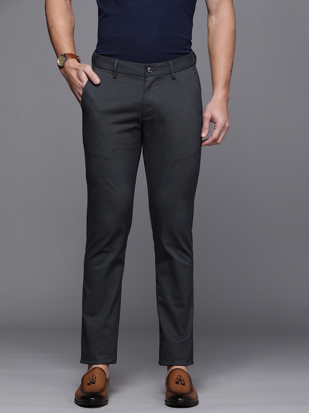 

Allen Solly Men Navy Blue Self Design Slim Fit Regular Trousers