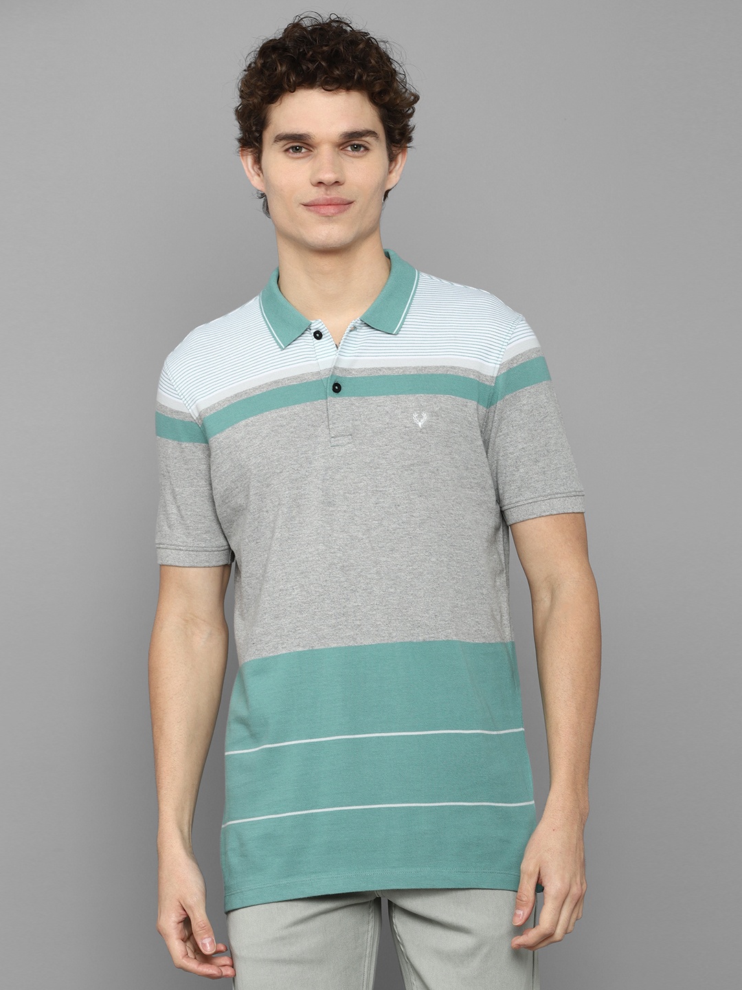 

Allen Solly Men Green & Grey Striped Polo Collar Pure Cotton T-shirt