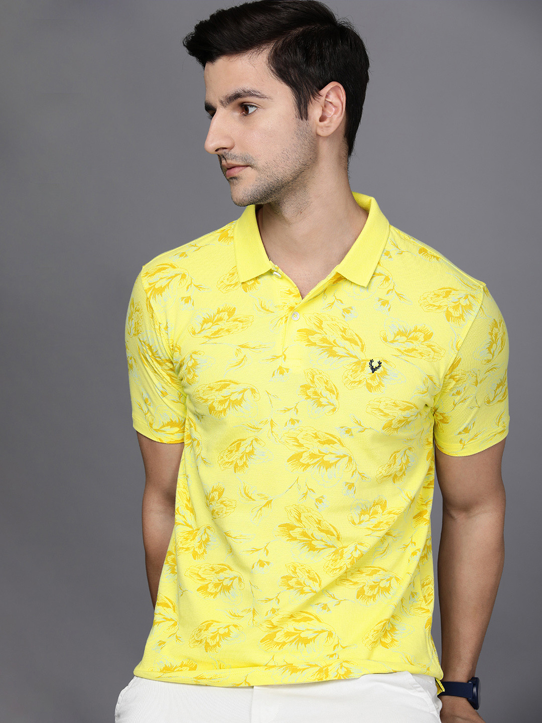 

Allen Solly Men Yellow & Brown Floral Printed Polo Collar Pure Cotton T-shirt