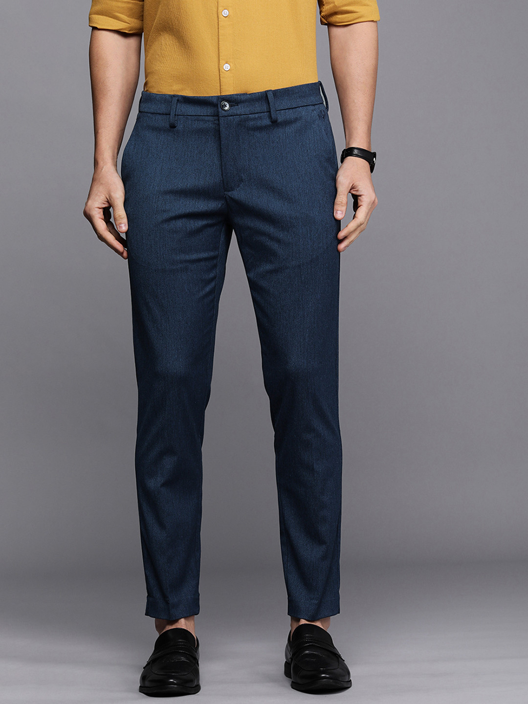 

Allen Solly Men Blue Self-Design Slim Fit Regular Trousers