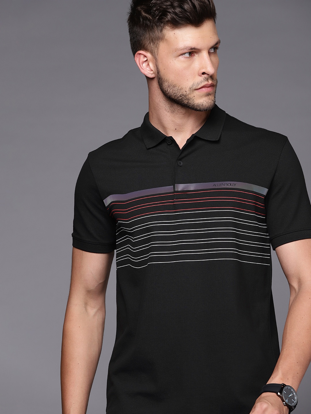 

Allen Solly Men Black & White Striped Polo Collar T-shirt