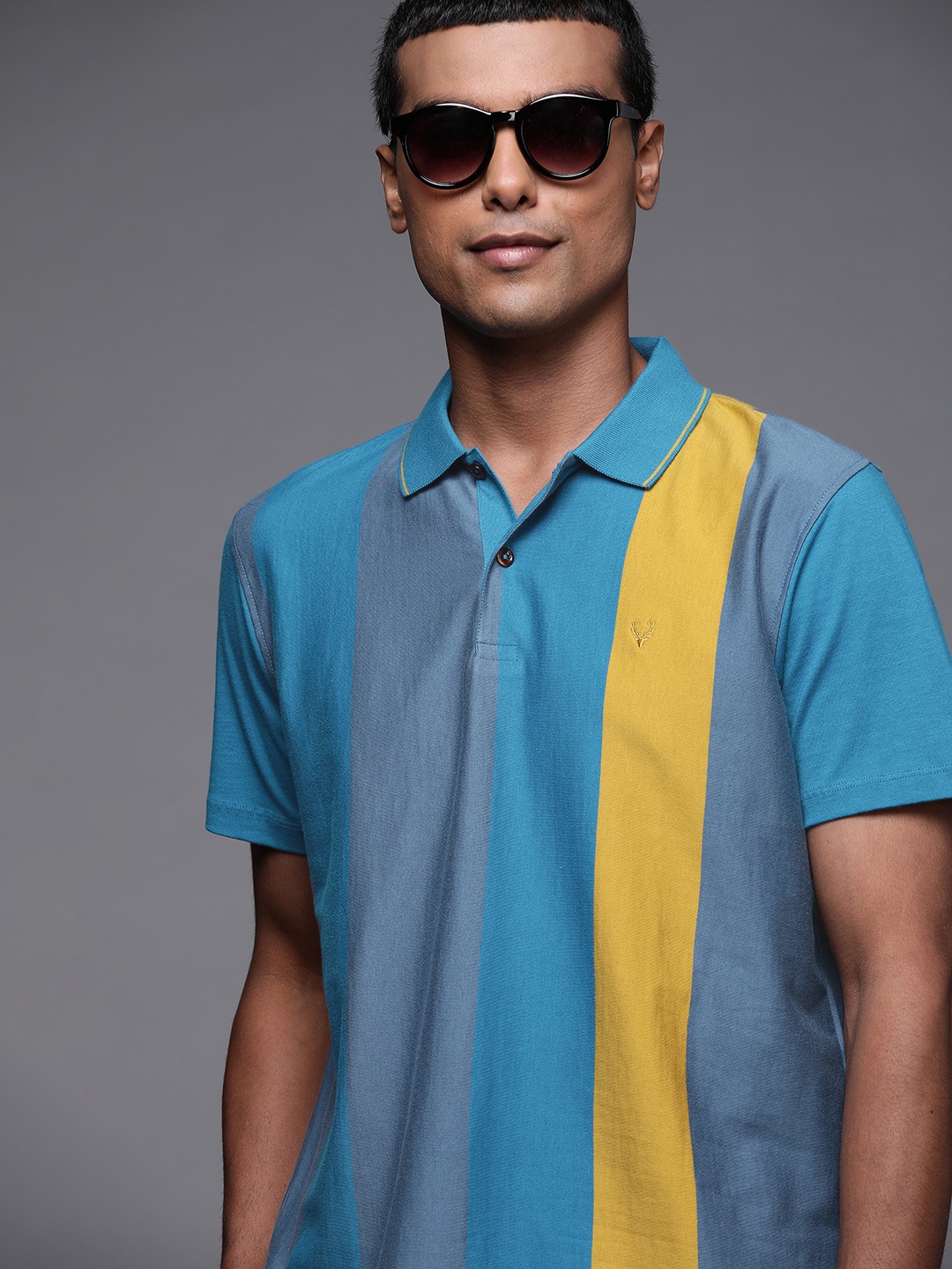 

Allen Solly Men Blue & Yellow Pure Cotton Striped Polo Collar T-shirt