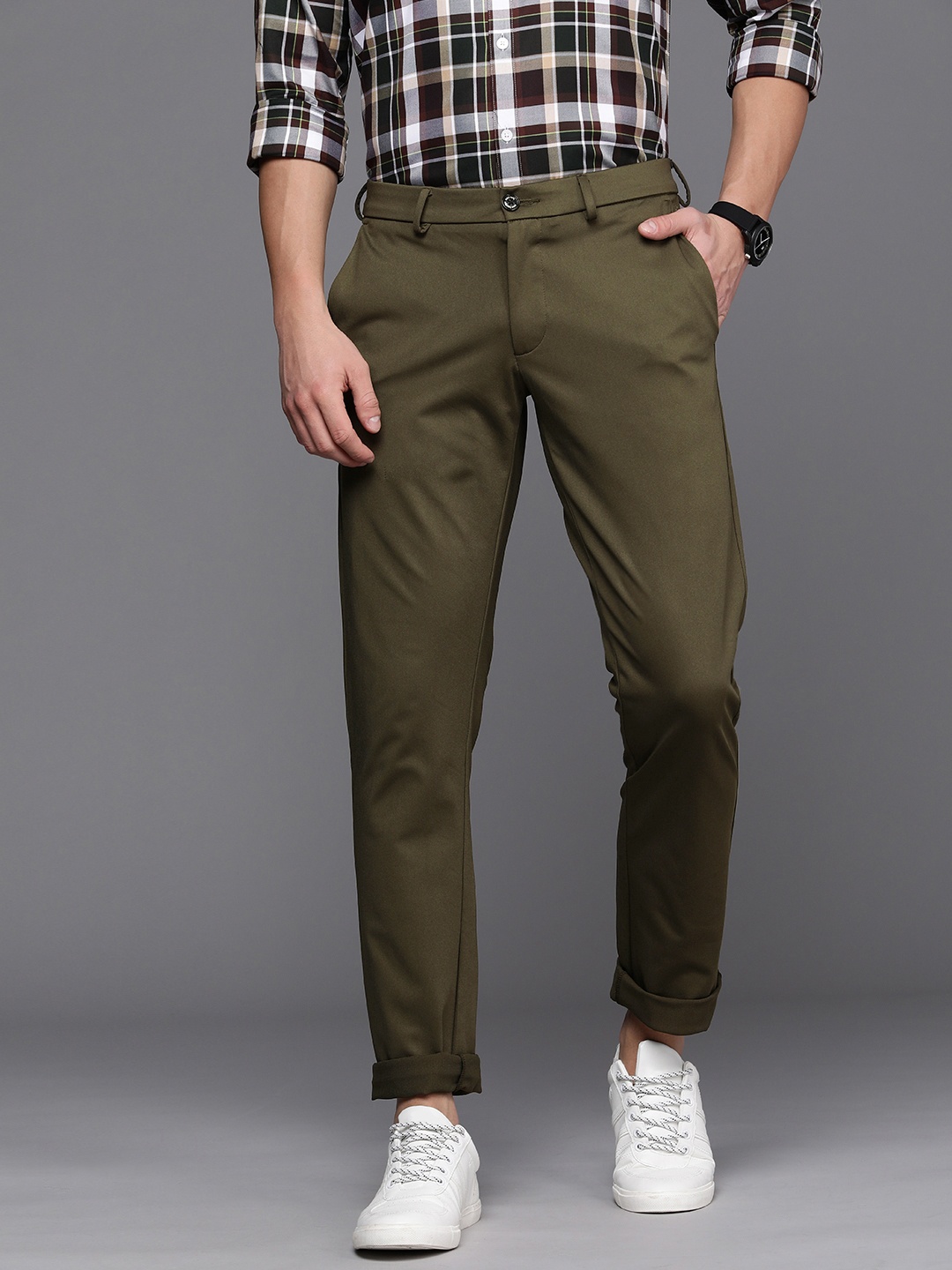 

Allen Solly Men Dark Olive Green Solid Slim Fit Mid-Rise Regular Trousers