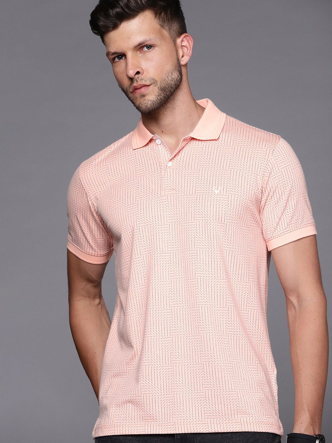 

Allen Solly Men Pink & Blue Geometric Printed Polo Collar T-shirt