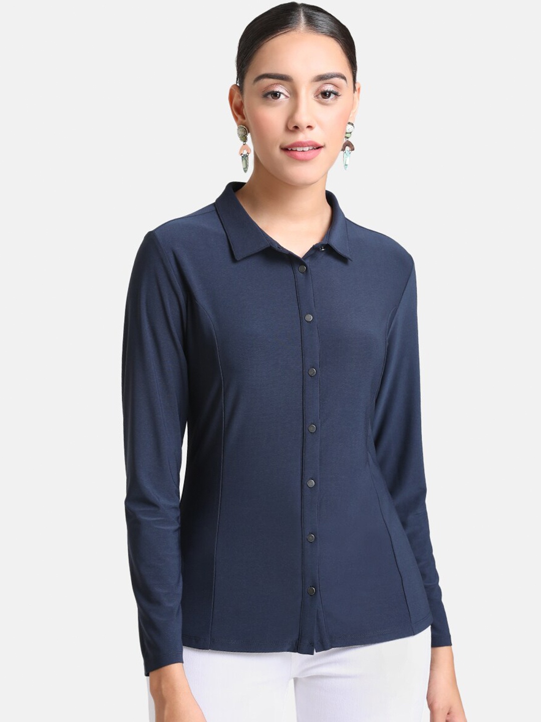 

Kazo Women Blue Solid Classic Collar Stretchable Formal Shirt