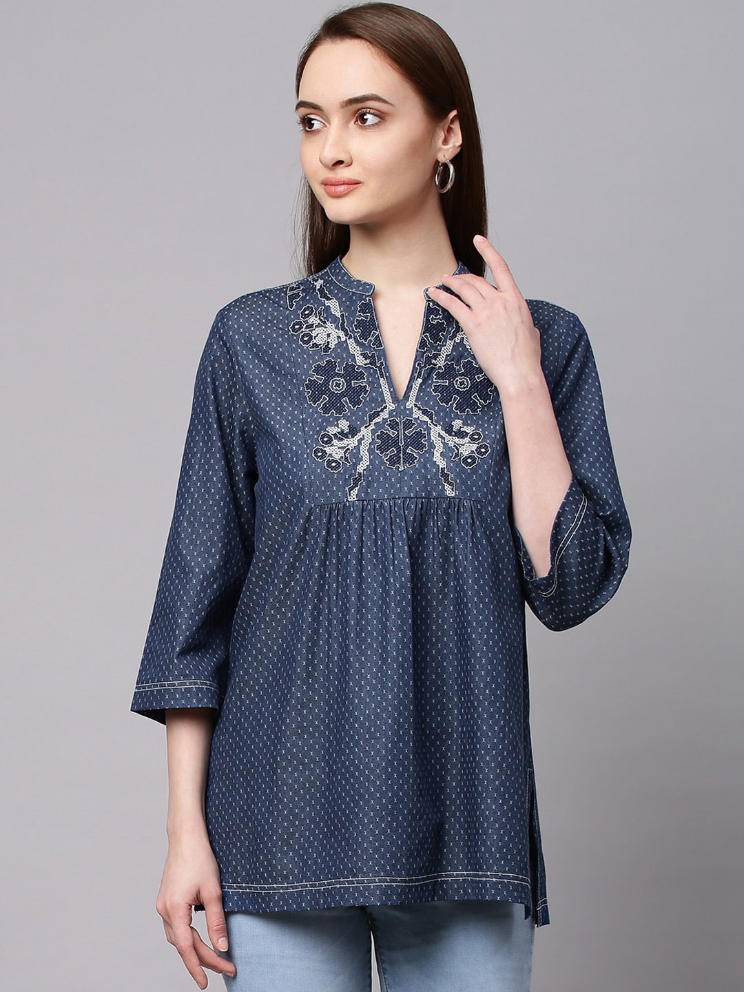 

Modern Indian by CHEMISTRY Blue Floral Printed Flared Sleeves Empire Kurti