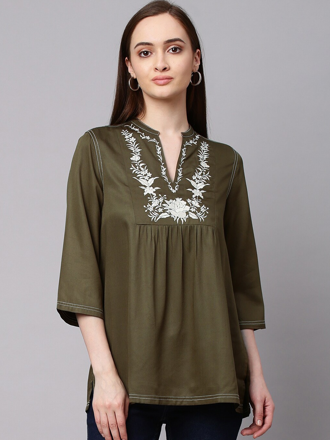 

Modern Indian by CHEMISTRY Women Olive Green Tunic With Floral Embroidery
