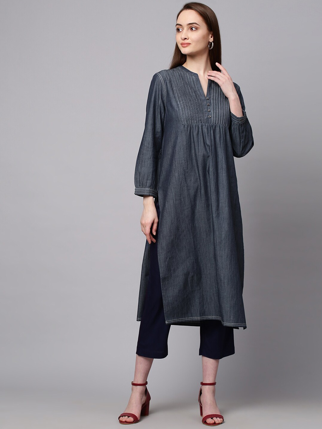 

Modern Indian by CHEMISTRY Women Blue Striped Flared Sleeves Patchwork Denim Kurta