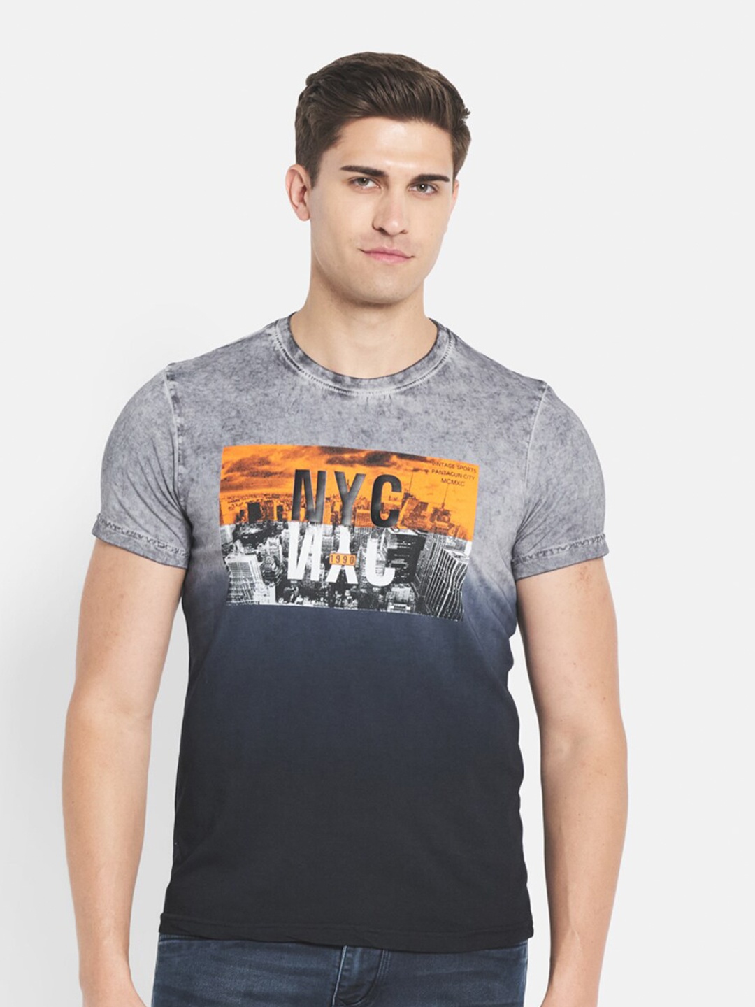 

Duke Men Charcoal Typography Printed Applique Slim Fit T-shirt