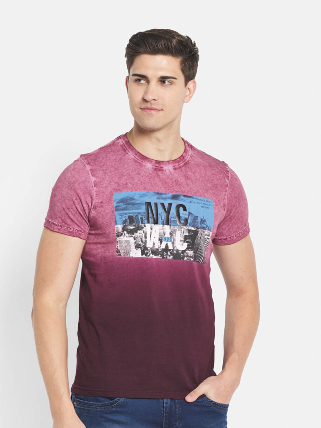 

Duke Men Burgundy Typography Printed Slim Fit T-shirt