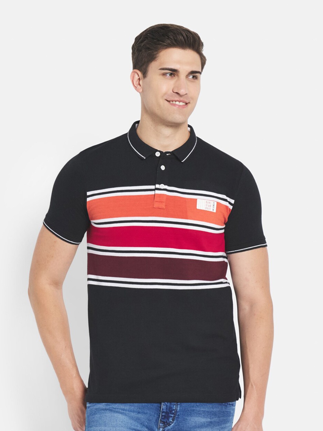 

Duke Men Black Striped Polo Collar Slim Fit T-shirt