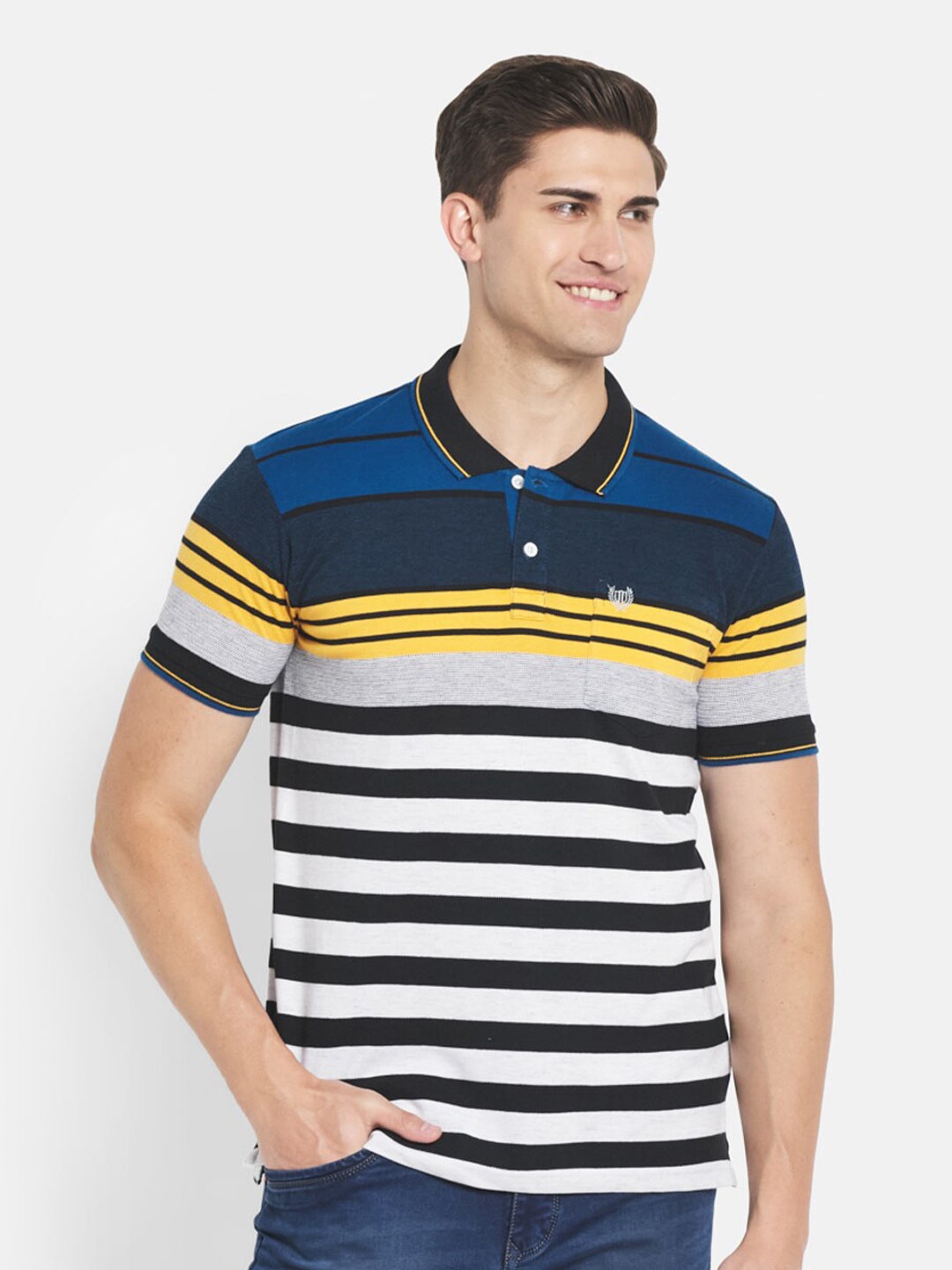 

Duke Men Blue & Black Striped Polo Collar T-shirt